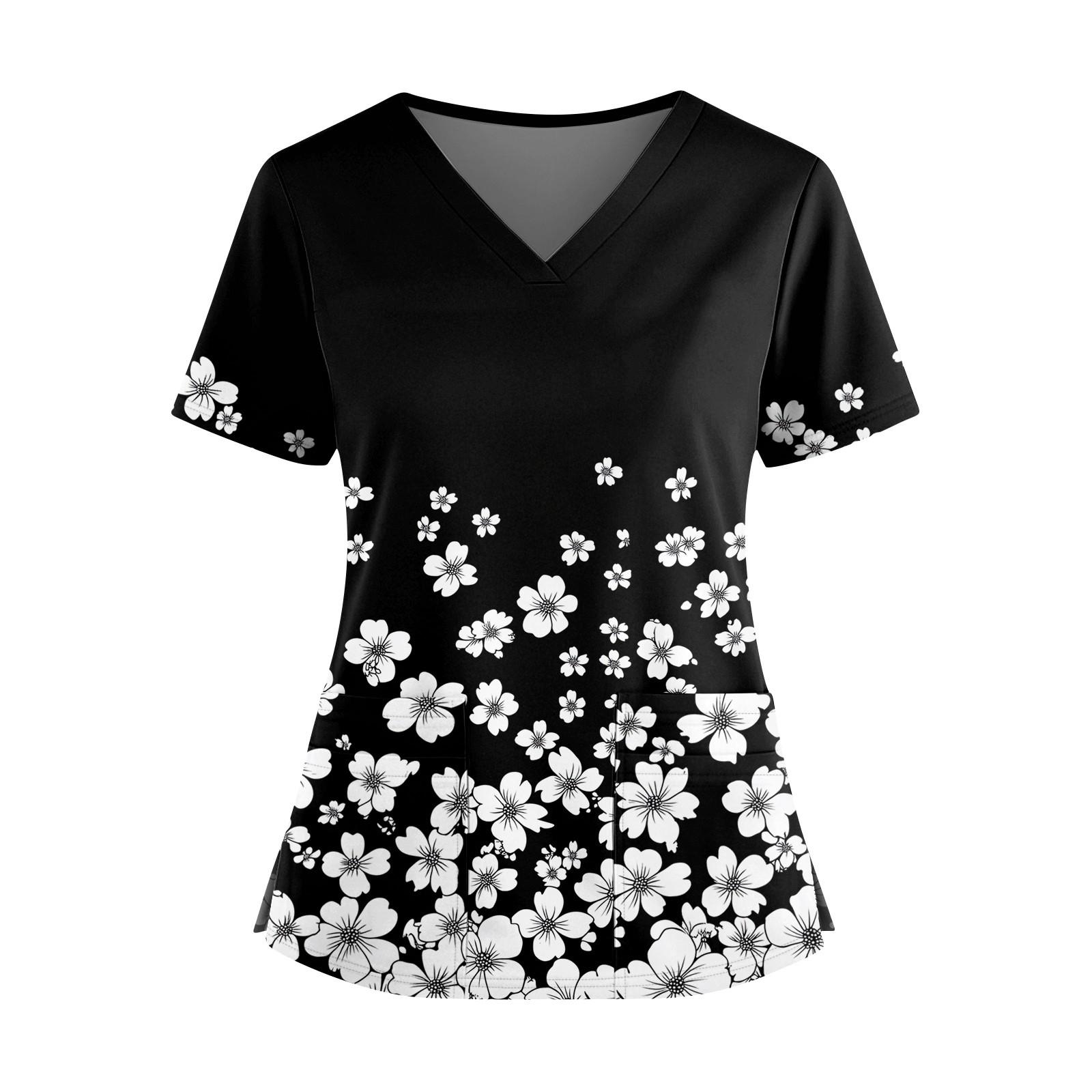 

Women s Fashionable Printed V Neck Double Pocket Short Sleeved Shirt With Slit Hem Uniform And Worker Top XXXXXL чорний