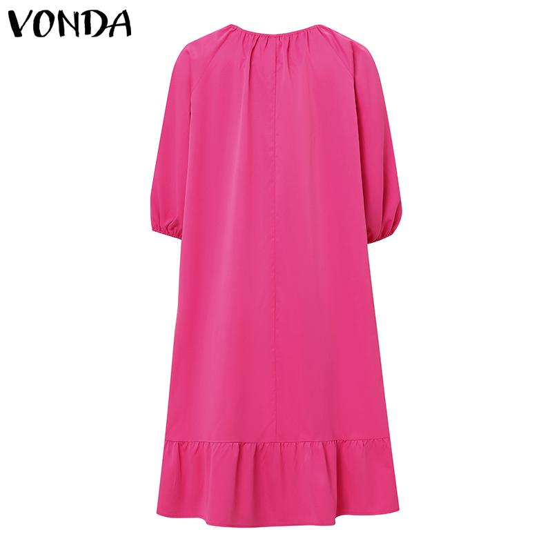 VONDA Women's Puff 3/4 Sleeve Sleeve Bow Knot Solid Color Loose Midi Dress