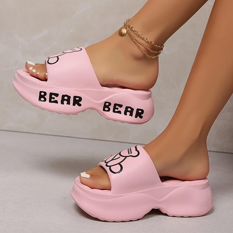 Letter & Cute Bear EVA Sandals, Women's Platform Soft Sole Home Walking Slides, Wear-resistant Holiday Slides