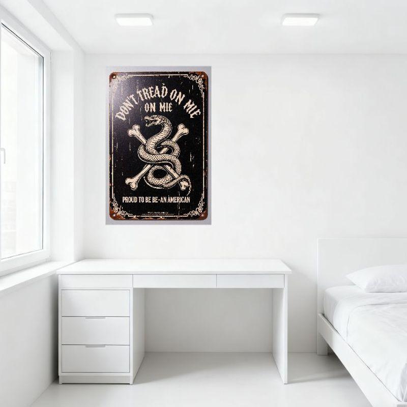 Vintage Metal Tin Sign 'DONT TREAD ON MIE' Rattlesnake & Bones Design 'PROUD TO BE AN AMERICAN' Rustic Decor for Man Cave Bar Ho