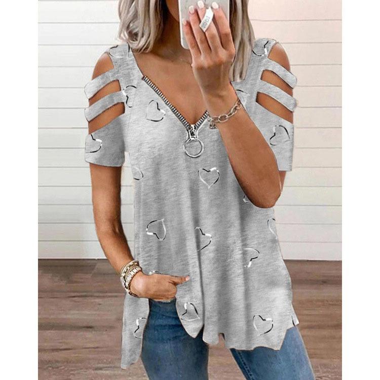 Summer Women's V-neck Zipper Hollow Short Sleeve Top Casual Women's T-shirt Plus Size