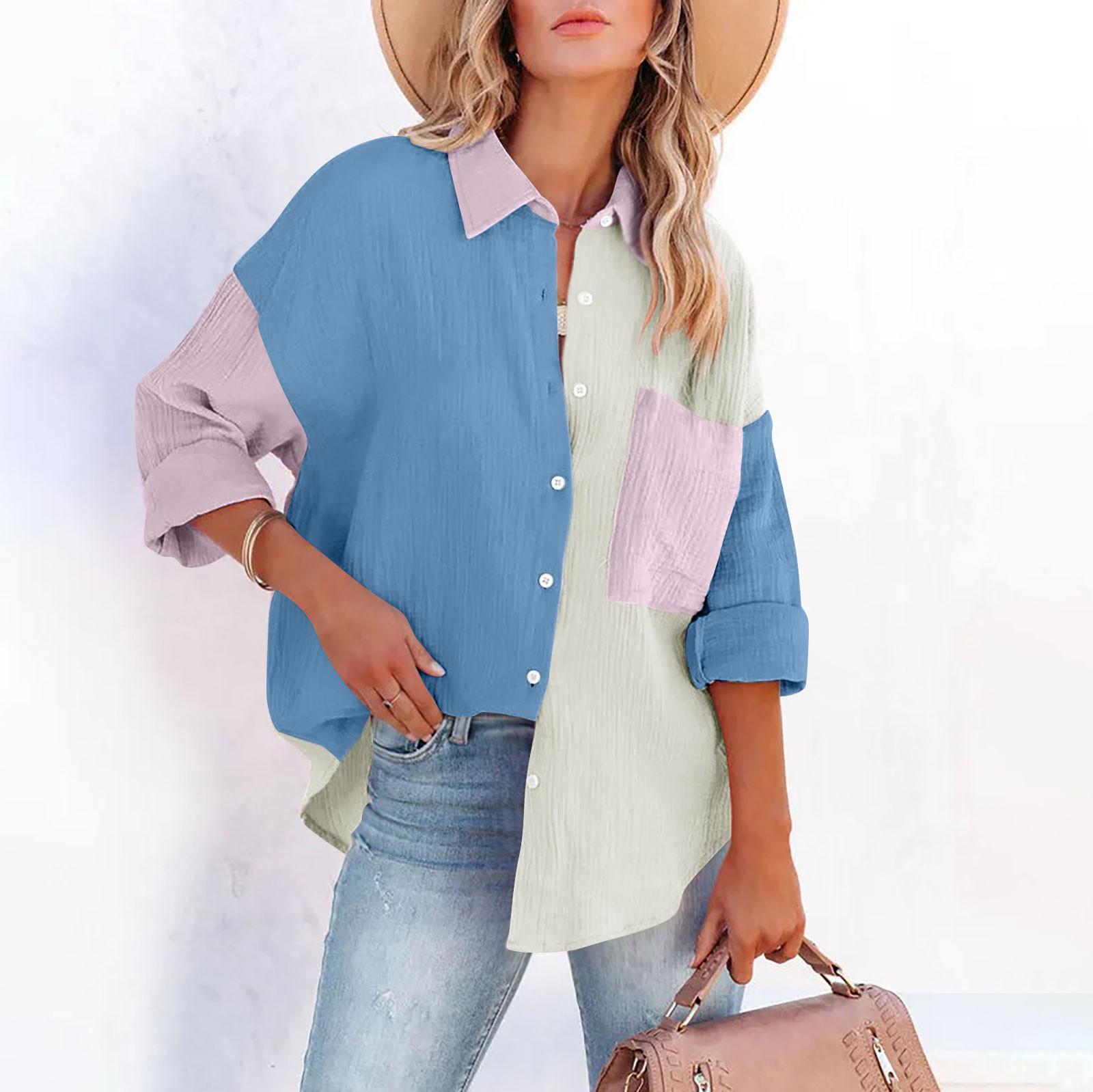 

Женская рубашка средней длины, контрастный цвет с лацканами, повседневный стиль, однобортный топ с длинными рукавами S светло-серый