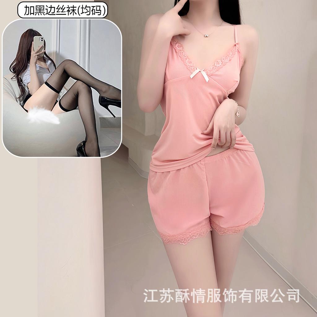 Crispy new suit suspender plus shorts lace red edge pink home bow solid color girl heart