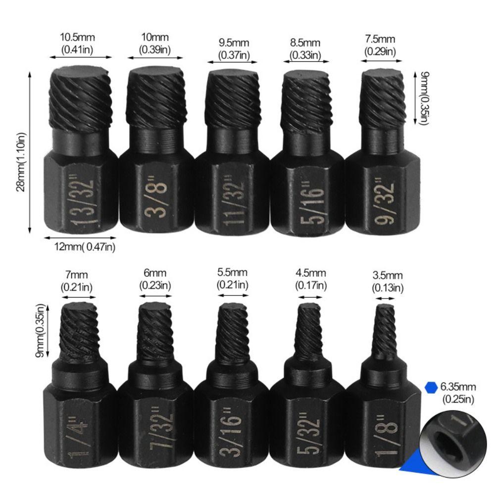 10Pcs New Steel Hexagonal Screw Black With Multiple Splines Nut Extractor Spiral Sliding Teeth Durable Bolt Extractor