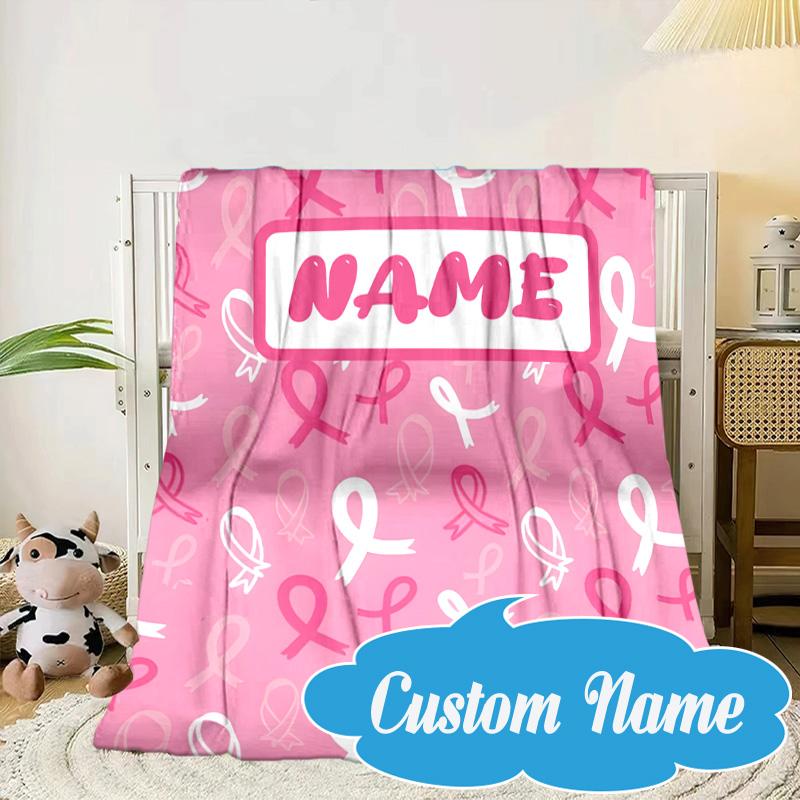 Custom Name Pink Ribbon Awareness Blanket bed sofa Blanket Flannel Blanket for Camping, Hiking, Picnic Essentials,gift for Fan family