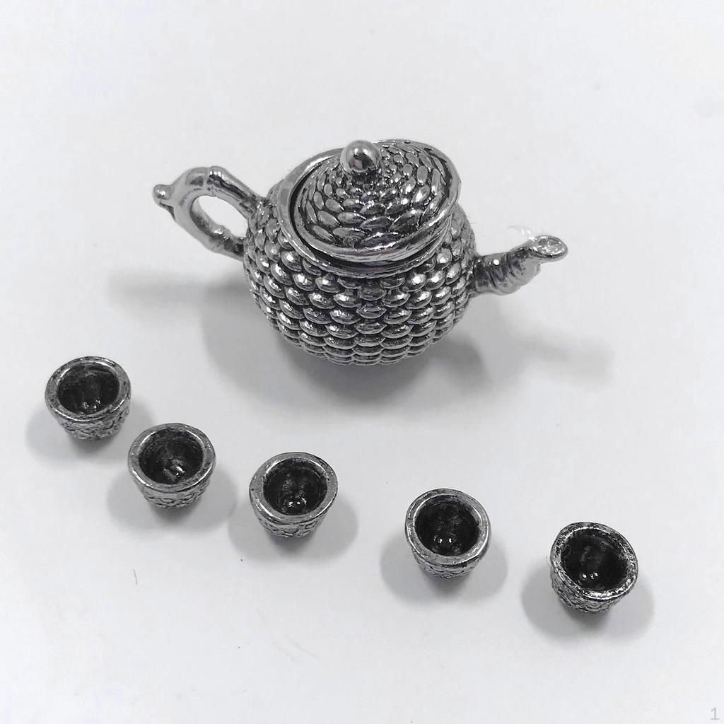 6 Piece Dollhouse Metal Teapot Set Kitchen Gift 1:12 Tea Cup