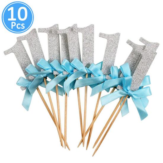 

10 шт. номер 1, первый блестящий торт, топперы, десерт, кекс для дня рождения синий/серебряный