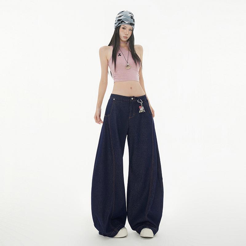 Denim black loose scimitar pants women's new low-rise lazy relaxation feeling casual mopping wide-leg jeans