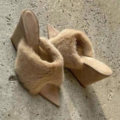 Fashion Fluffy Women Slippers Wedges Sandals Pointed Toe High Heels Shoes 2025 Winter Designer Brand Party Dress Shoes Sexy Flip Flops