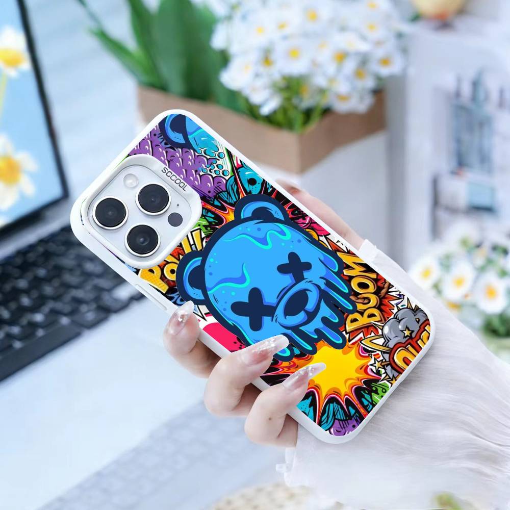 HOT Colorful Graffiti Bear  Phone Case For iPhone17, 16,15,14,13,12 Pro Max white Candy Matte Shockproof Cover