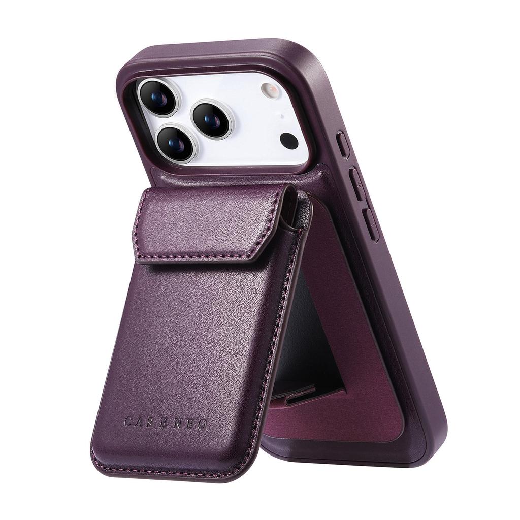 CASENEO For iPhone 17 Pro Magnetic Case PU Leather PC Phone Cover with Detachable Card Holder Kickstand Compatible with MagSafe
