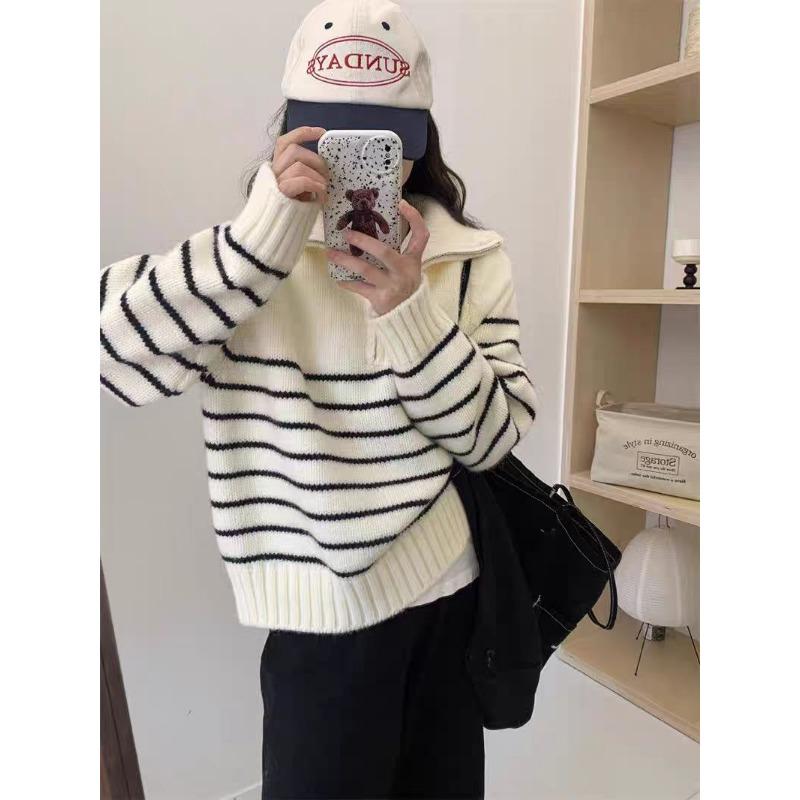 Autumn and winter new lazy style versatile knitted sweater half zipper lapel loose and thin striped sweater women