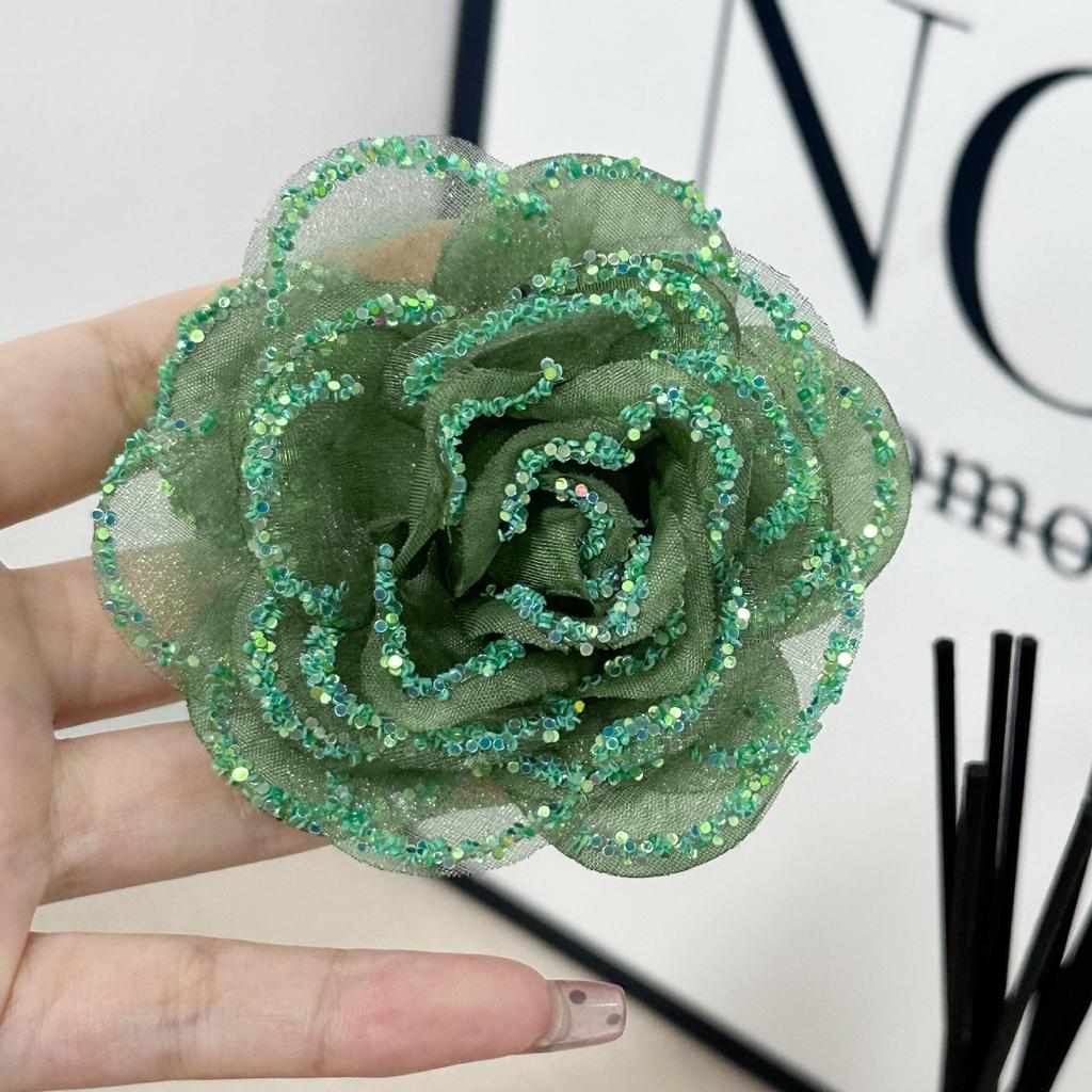8Cm Green Dusted Camellia Rose Flower Decoration Handmade Headgear Hair Accessories Clothing Accessories Diy