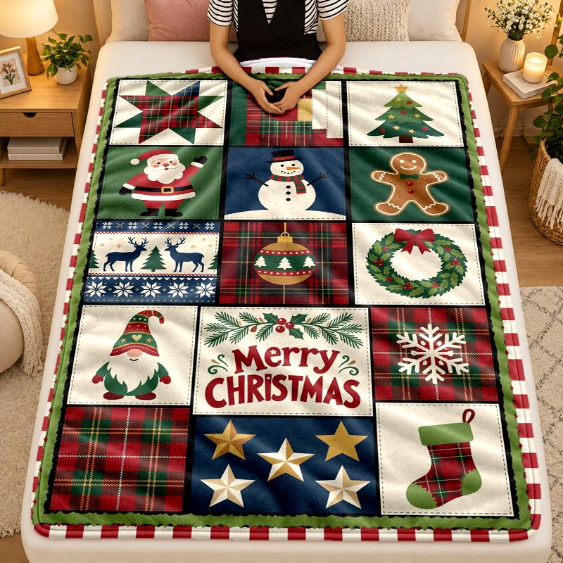Christmas Theme Flannel Blanket, Warm Soft Throw Blanket, Xmas Holiday Home Gift