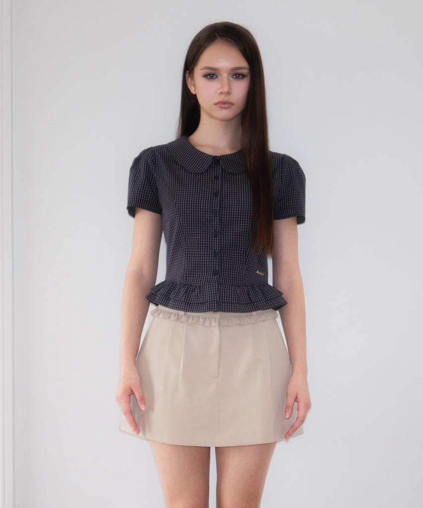 ROSEFRANTZ Puff Sleeve Peplum Check Blouse [Navy]