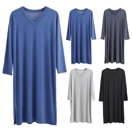 Pánské noční košile s výstřihem do V a dlouhým rukávem z měkké modalové látky, jednobarevná, volný střih, ležérní oblečení na spaní, do domácí ložnice