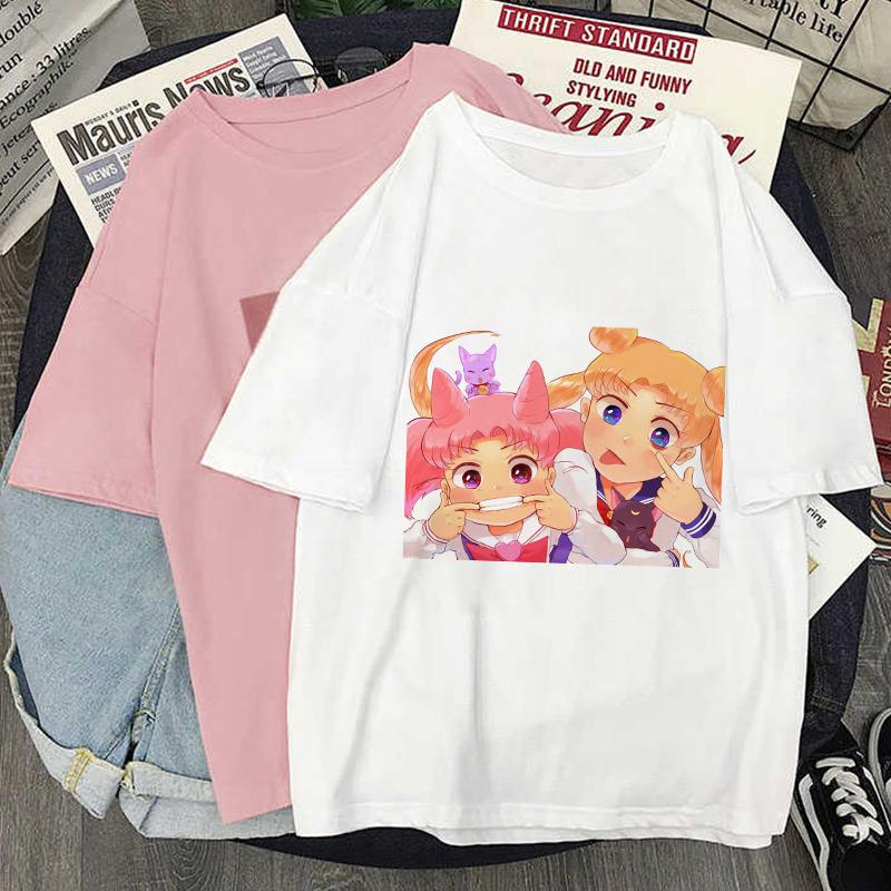 Camiseta con estampado Kawaii de Anime japonés para mujer, remera Harajuku de estética blanca y rosa, camiseta para mujer 2022