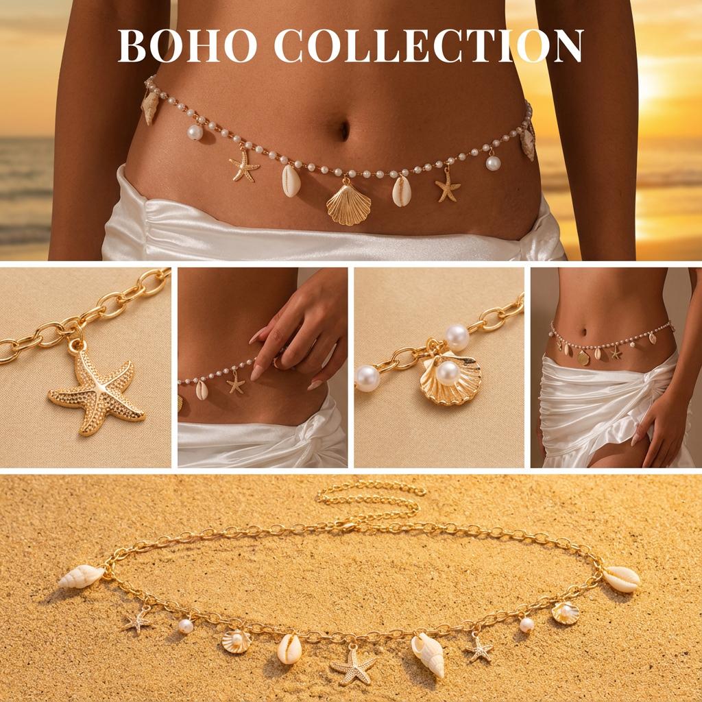 Bohemian Imitation Pearl Shell Belly Chain for Women Gold Color Starfish Conch Bikini Waist Chains Summer Beach Body Jewelry