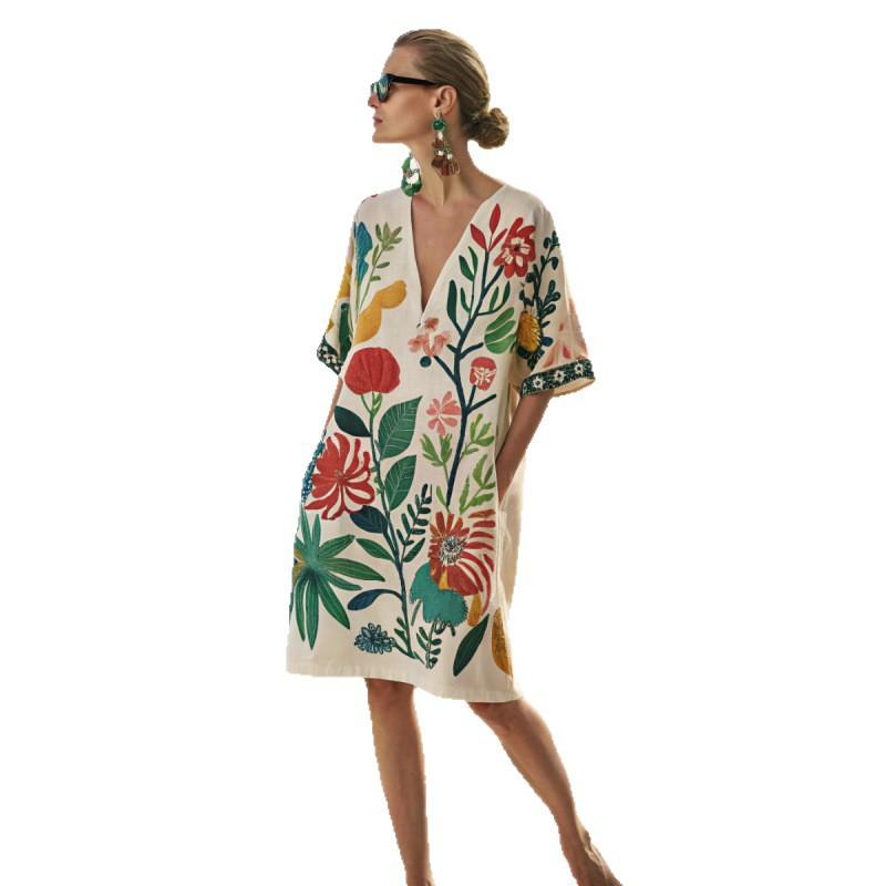 2026 summer European and American new loose printing V-neck women's casual vacation dress