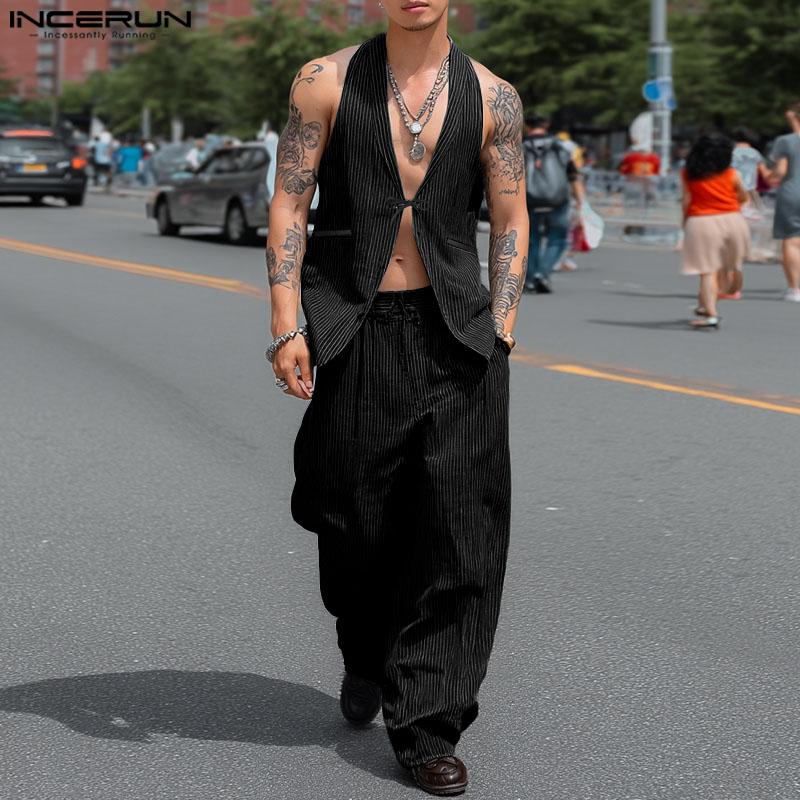 INCERUN Two Pieces Men Striped Sleeveless Vest and Zip-up Long Suit Pants Sets