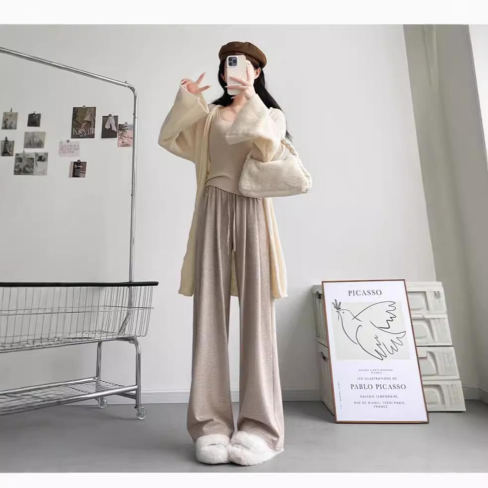 Women's Solid Color Wide-Leg Pants - Autumn/Winter 2024, Mid-Waist, Loose Straight-Leg, Floor-Length