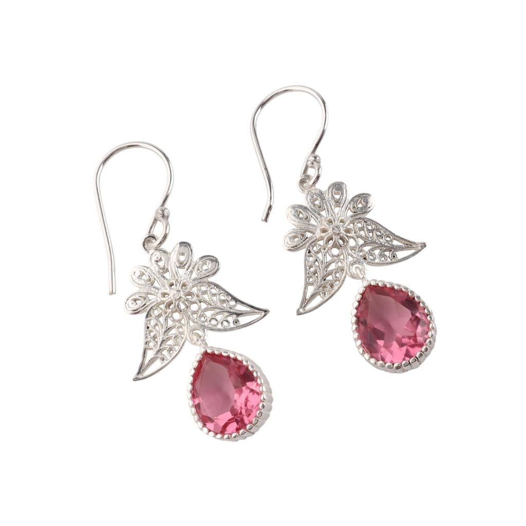 Natural Pink Tourmaline Gemstone 925 Stamped Silver Handmade Jewelry Partywear Hook Earrings 1.84" For Wedding CE-23-5