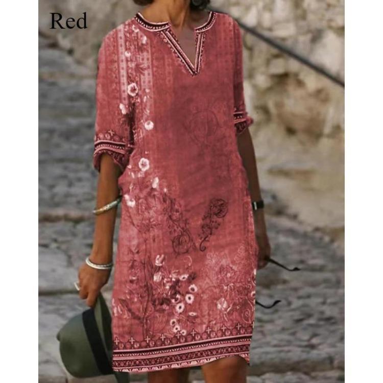 Vintage Print Women Summer Casual V-neck A-line Beach Dress Slim MIDI Loose Top Five-sleeve Artsy Temperament Skirt