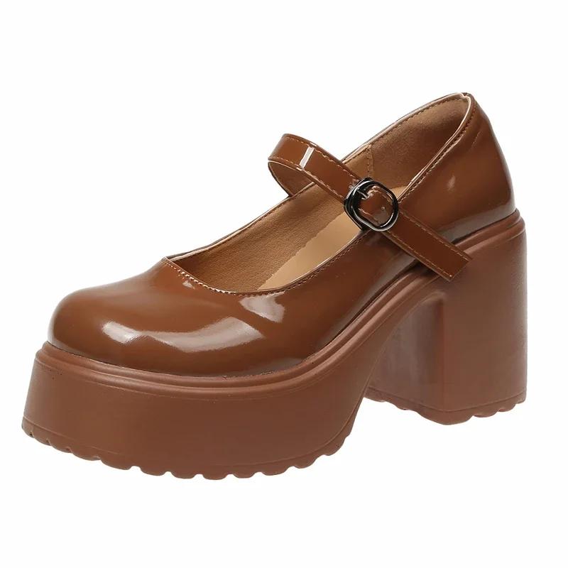 Fashion Brown Super High Heels Mary Jane Shoes for Women 2025 Fashion Chunky Platform Pumps Woman Patent Leather Ankle Strap Party Shoes