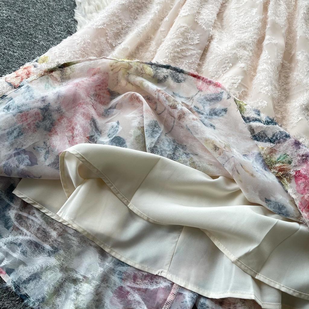 Vestido de Verano Cuadrado de Gasa Bordada Estampada de Alta Calidad para Mujer Moda Vacaciones Manga Volante Adelgazante Midi