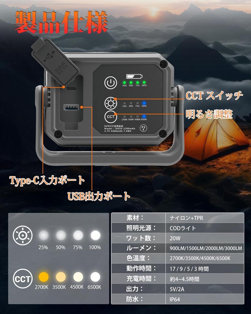 Kitazawa Shoji LED Floodlight with 4-Level Dimming and Color Adjustment, High Brightness, COB Light, LED Work Light, USB Rechargeable, Powerful Magnet
