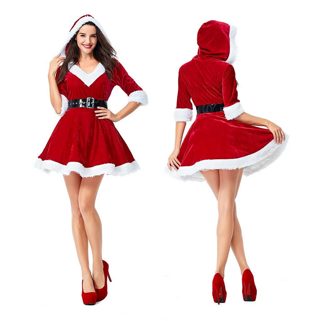 Santa Cosplay Set Hooded Velvet Santa Size Small [milicross] Women's 2-Piece [Mini Dress/Belt] Hat, Half-Sleeved Costume,