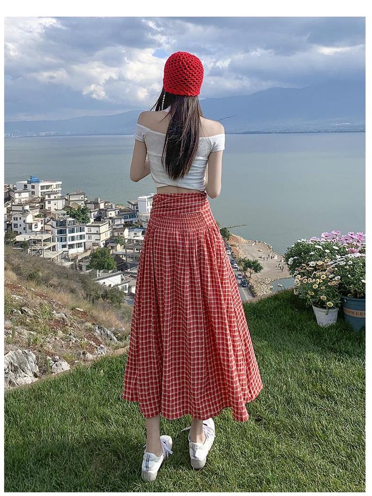 American Trendy Spicy Girl: Versatile Plaid Pleated Long Skirt + Strapless Plaid Umbrella Top