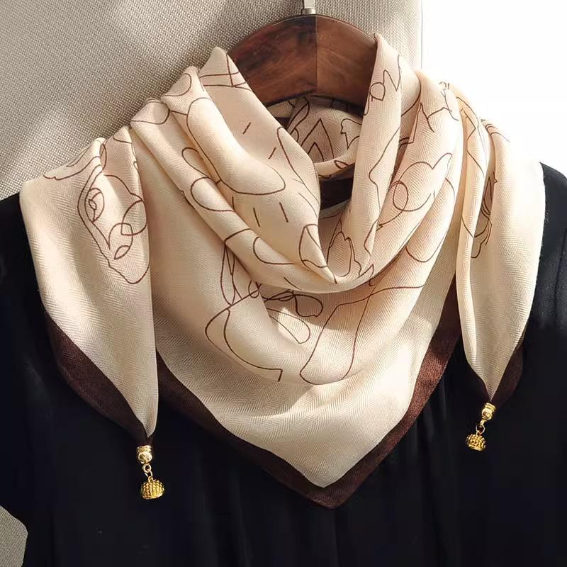 Silk cotton magnetic buckle silk scarf geometric and floral combination printing fashion personality spring autumn and winter versatile single item