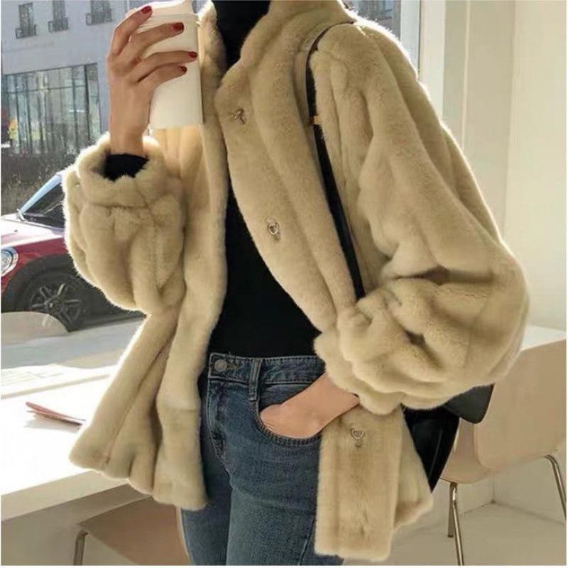 Autumn and Winter New Plush Thickened Imitation Leather Imitation Rabbit Hair Short Coat Women's Imitation Mink Hair Loose Coat