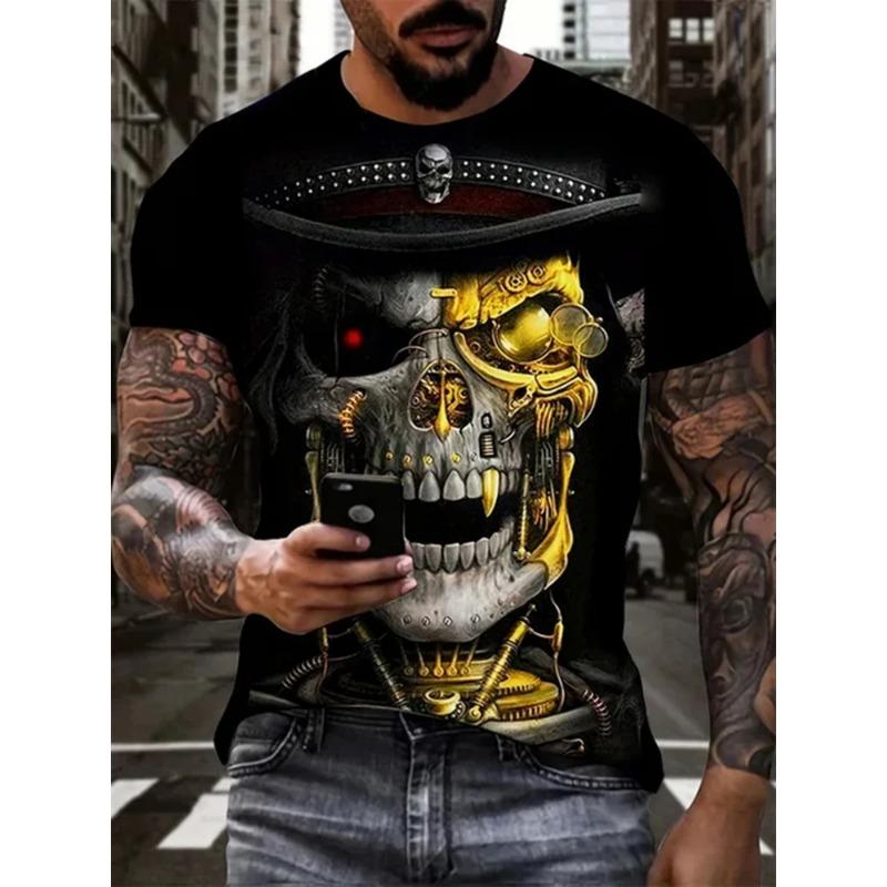 New Men's Horror Skull 3D Printed Print Retro Round Neck Short Sleeved Fashionable  T-shirt