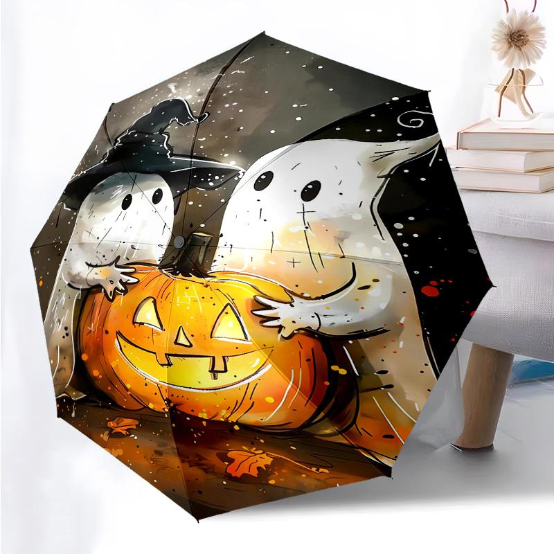 Happy Halloween Themed Folding Umbrella Fashion Auto-Open 8 Iron Ribs Plastic Handle Foldable Sunshade Perfect Christmas Gifts