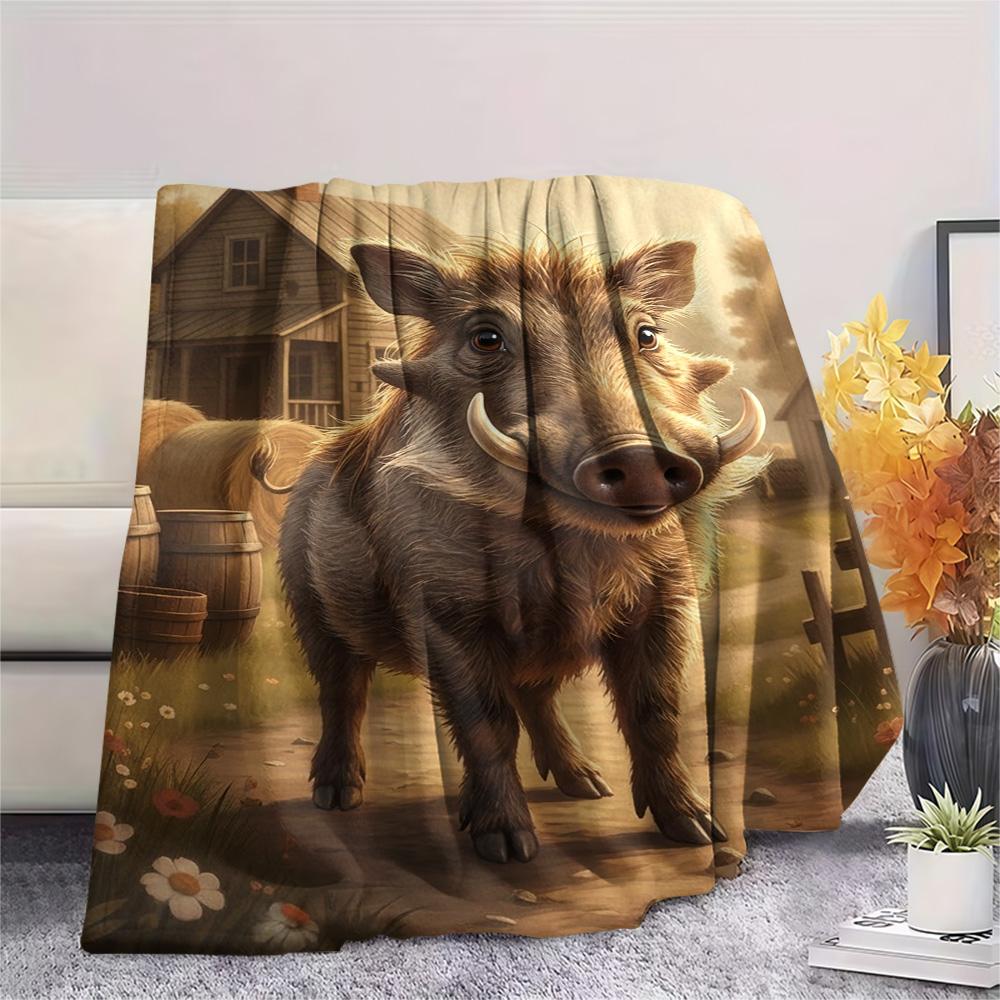 1PC Warthog Print FlAannel Blanket, High quality Comfortable for All Seasons, Home Decor, Warmth and Comfort