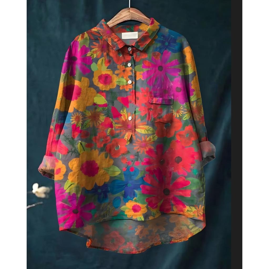Women's Turn Down Collar Long Sleeve Floral Print Shirt Loose Fit Elegant Casual Blouse
