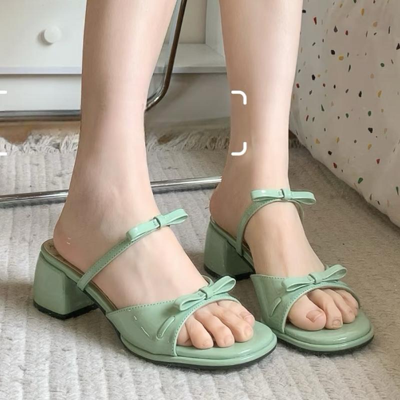 Fashion High Heels Women Slippers Bow Chunky Heeled Shoes Dress Fashion Woman Sandals 2025 New Designer Pumps Luxury Sandalias De Mujer