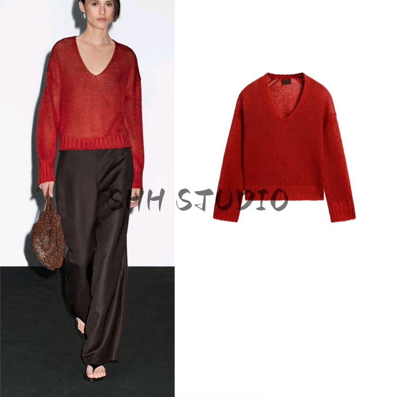 MD New Fall Women's Clothing Minimalist Wind Light Linen Blend V Neck Sweater Long Sleeve Knitwear 5661575