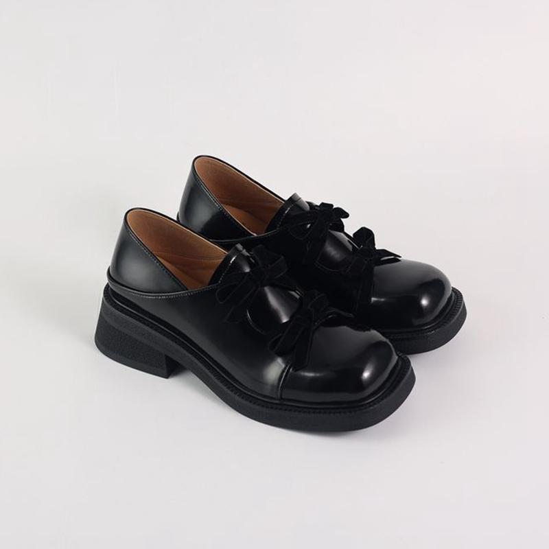 

Fashion Women s new leather cowhide round toe, butterfly bow, college style single shoe, thick sole, retro casual shoe 220 чёрный
