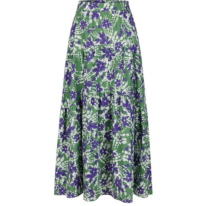 JUZUI Retro French Color-Block Floral Print A-line Midi Skirt