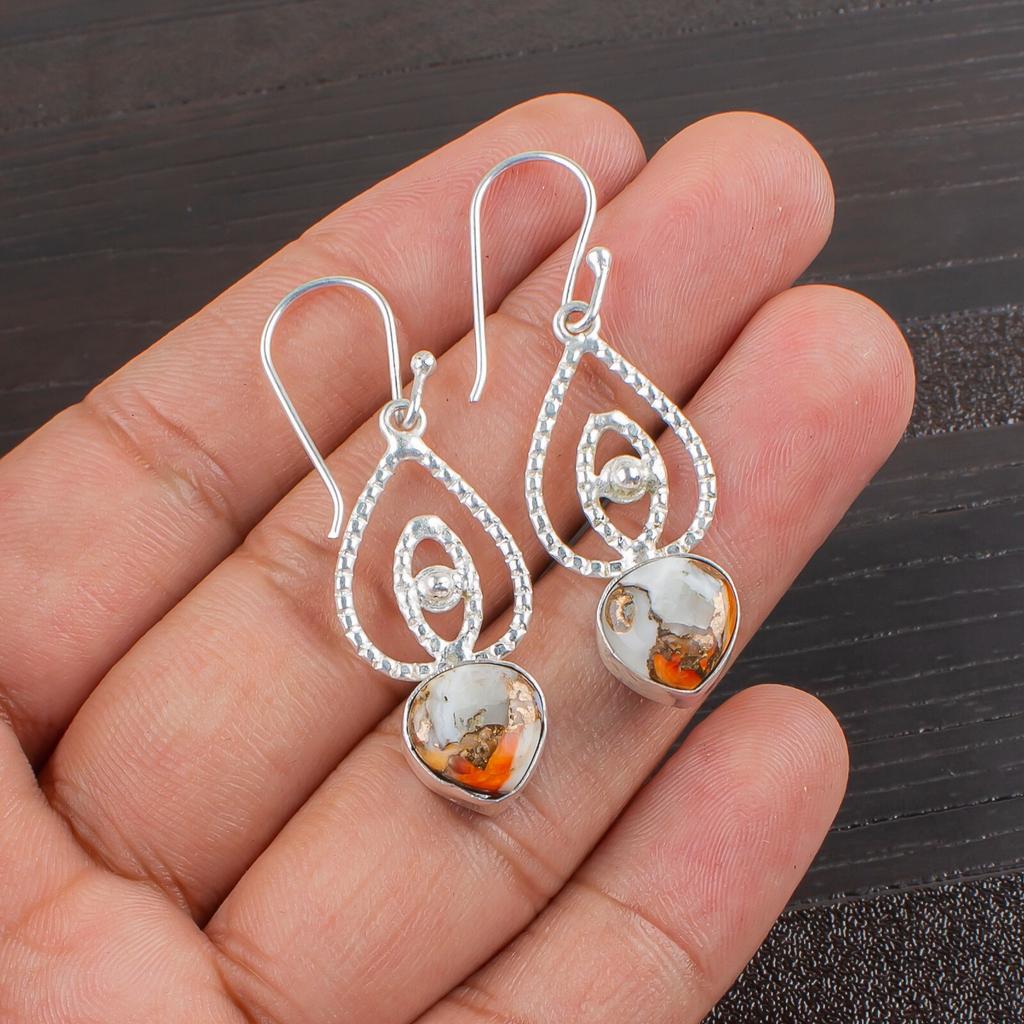 Pierre Précieuse Turquoise Cuivre Orange Bijoux Argent Sterling 925 Boucles d'Oreilles Bohèmes 2.00" EE-32-36