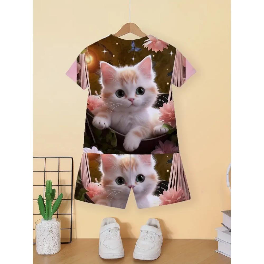 Children's Cat T-Shirt Shorts Set Summer Casual Girl Clothes Short Sleeve Kids Sets for Children Tops Outdoor Sport Girl Outfits