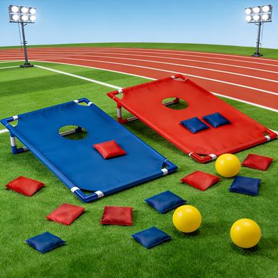 Red and Blue Portable Corn Hole Game Set, Including 6 Bean Bags and 1 Storage Bag. Suitable for Outdoor Activities and Throwing Training Games