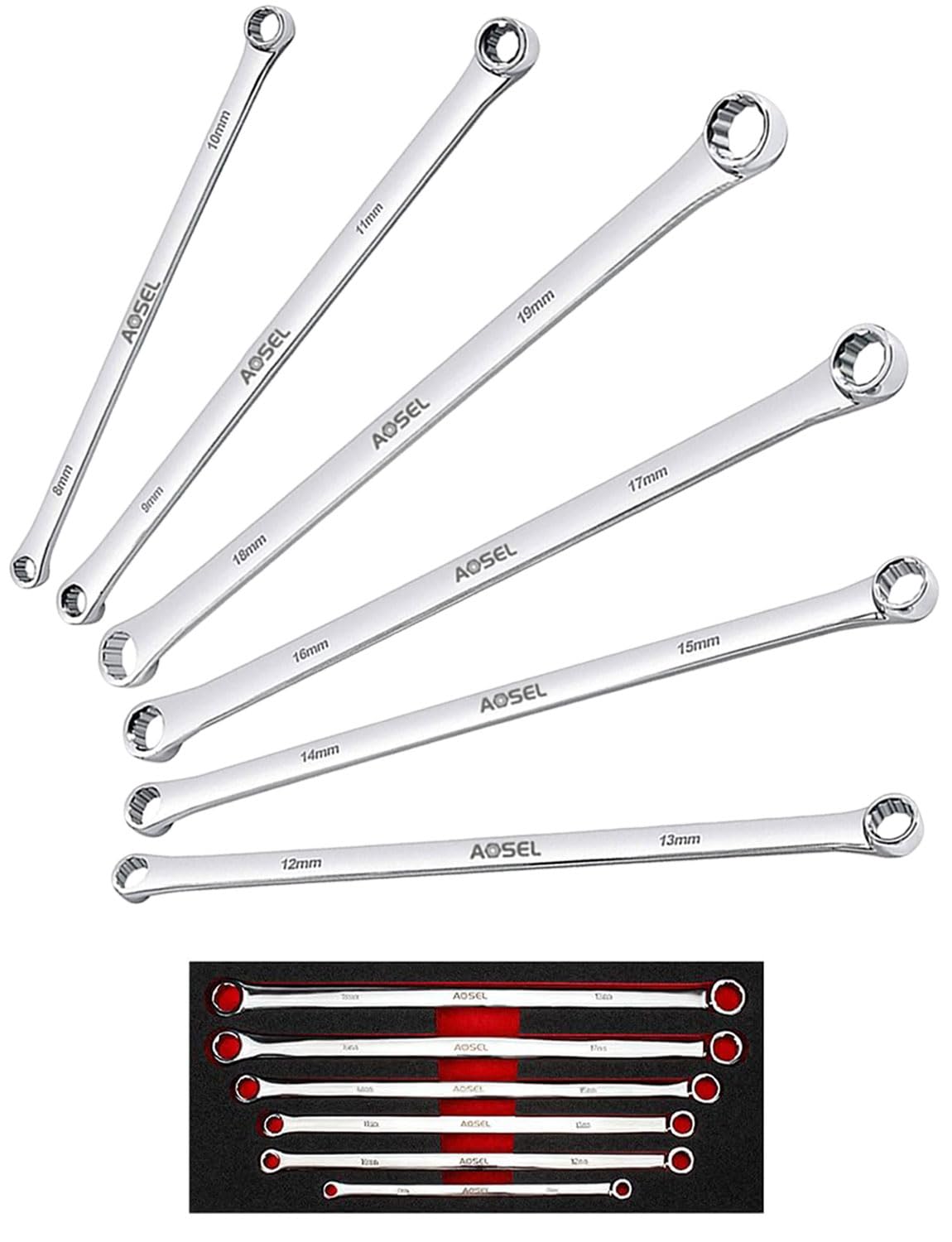 

AOSEL Extra Long Straight Open-End Wrench Set, Mirror Finish, Set of 6, with Storage Case