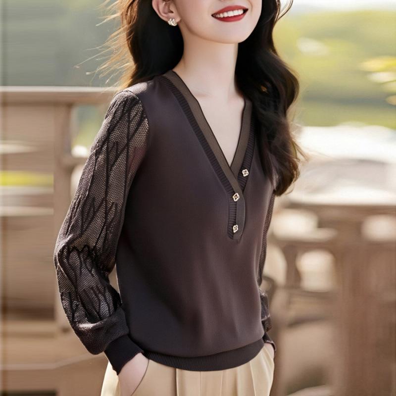 

Весенне-осенний тонкий вязаный свитер женский кружевной ажурный топ One size кофейный