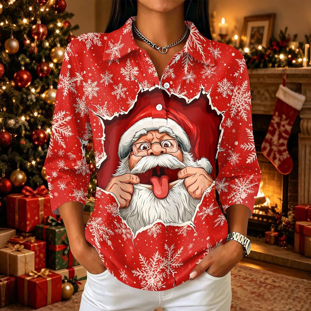 Damen Freizeithemd mit 3/4 Ärmeln, Kragen und Knopfleiste mit Weihnachtsdruck