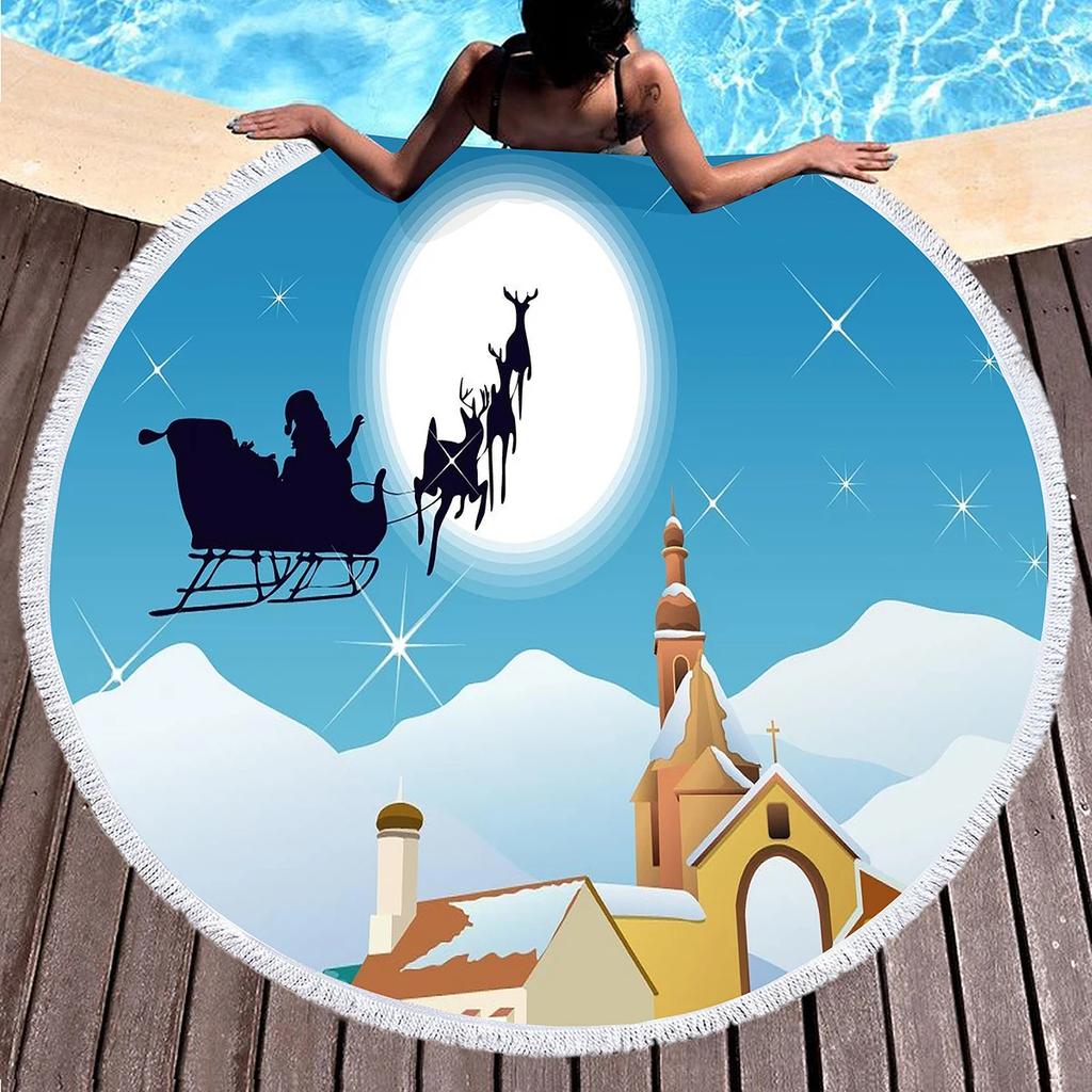Cartoon Santa Claus Round Beach Towel,Christmas Theme Beach Towels, Microfiber Bath Towel for Boys Girls Adult New Year's Gift