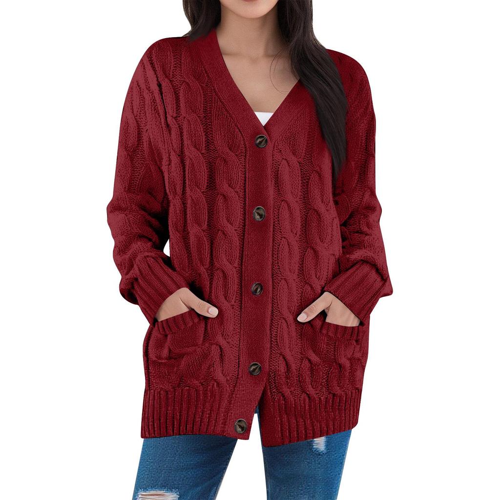 Damski Modny Kardigan w Jednolitym Kolorze, Swobodna Kurtka Kardigan Zapinana na Guziki z Dzianiny Kablowej